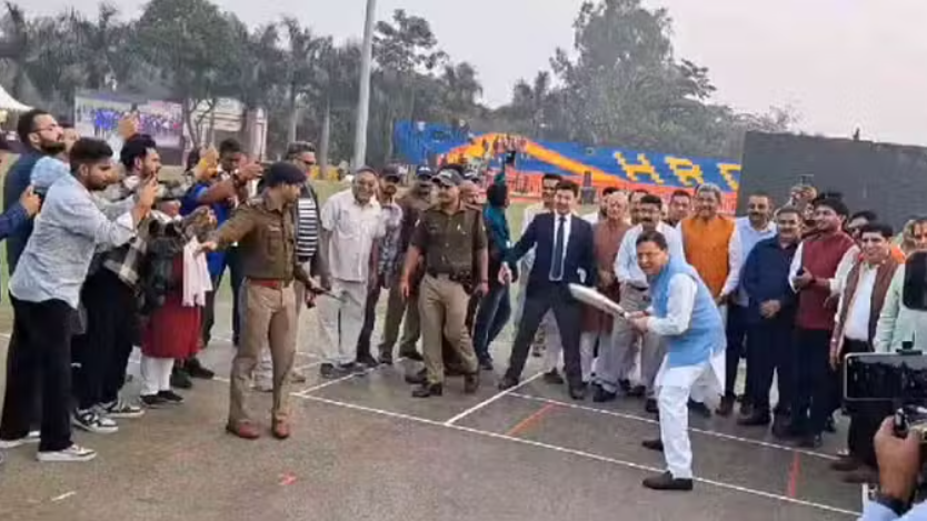 cm dhami playing cricket haridwar